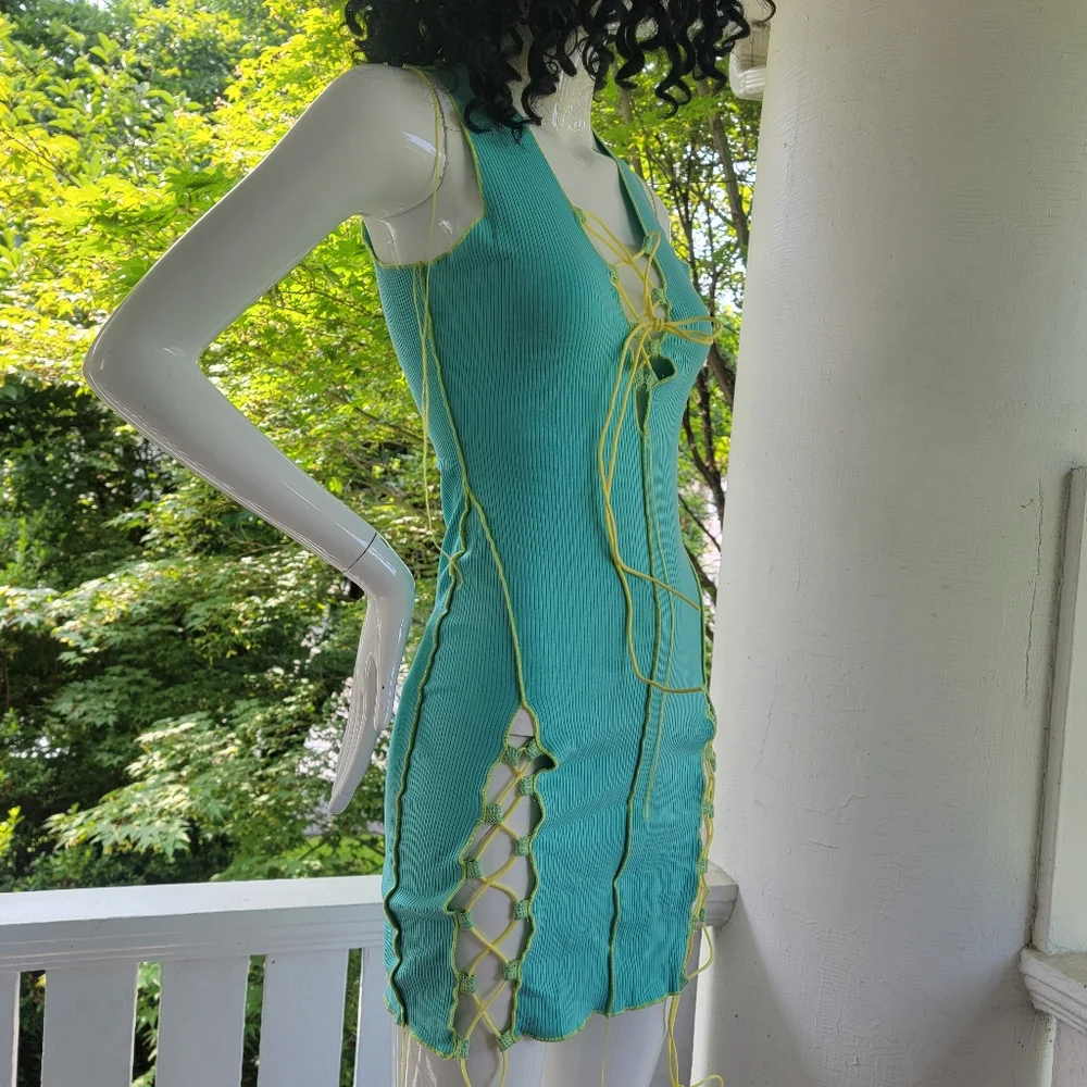 Sleeveless Aqua Lace-Up Bodycon Dress S